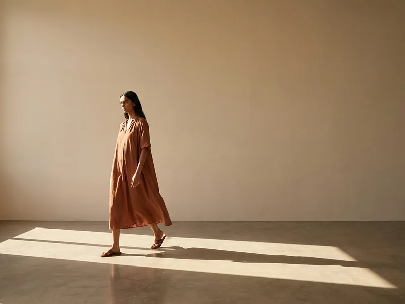 Modelo com vestido de linho terracota caminhando em estúdio de luz dura